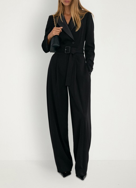 Reiss Remi wide leg blazer jumpsuit - voorkant 7 black / zwart