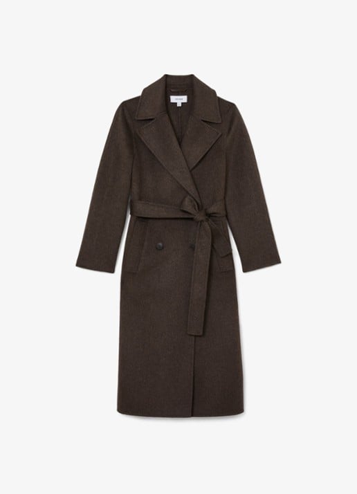 Reiss Rene double-breasted mantel met strikceintuur - voorkant bruin