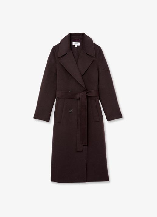 Reiss Rene mantel in wolblend met strikceintuur - voorkant 5 aubergine