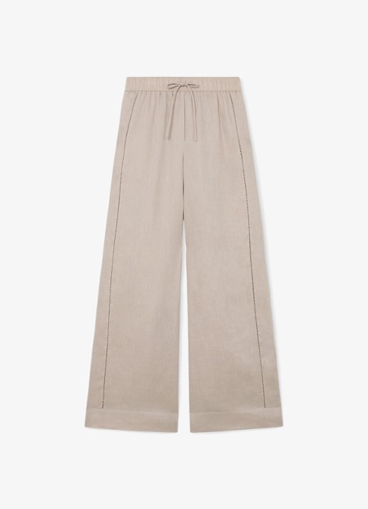 Reiss Riley high waist wide fit broek van linnen met steekzakken - voorkant neutral / beige