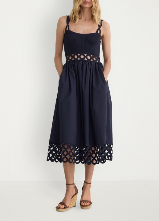 Reiss Rite ribgebreide midi jurk met cut-out detail - voorkant 2 donkerblauw