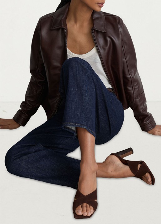 Reiss ROCHELLE Suede Cross-Strap Block-Heel Mules - detail chocoladebruin