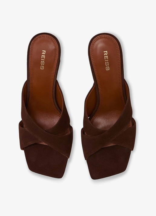 Reiss ROCHELLE Suede Cross-Strap Block-Heel Mules - detail 2 chocoladebruin