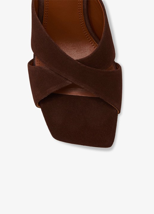 Reiss ROCHELLE Suede Cross-Strap Block-Heel Mules - detail 4 chocoladebruin