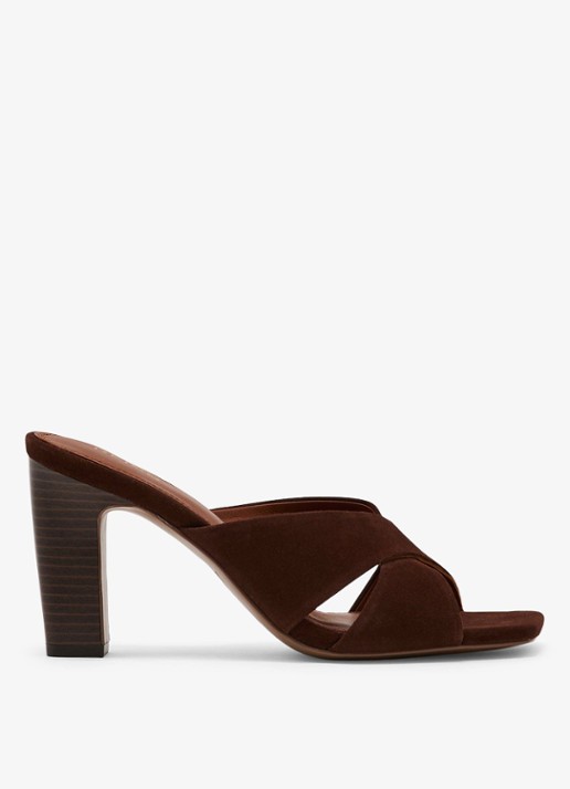 Reiss ROCHELLE Suede Cross-Strap Block-Heel Mules - voorkant 5 chocoladebruin