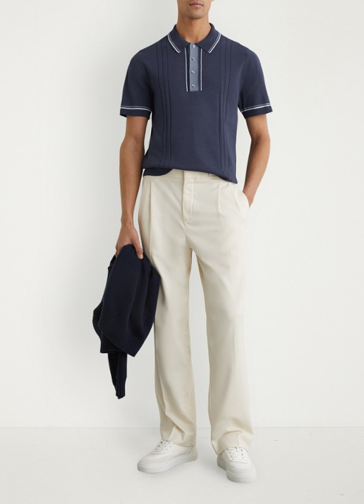 Reiss ROTHWELL Tipped Half-Button Knitted Polo Shirt - voorkant 3 donkerblauw