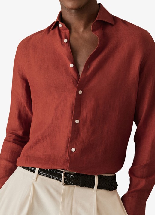 Reiss Ruban regular fit overhemd van linnen - detail steenrood