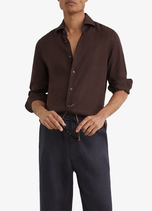 Reiss Ruban regular fit overhemd van linnen - voorkant 6 chocoladebruin