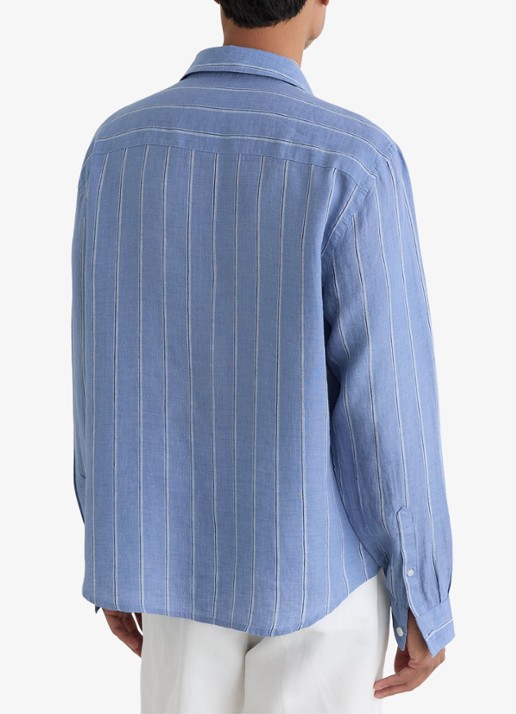 Reiss Rubus regular fit overhemd van linnen met streepprint - achterkant blauw / wit