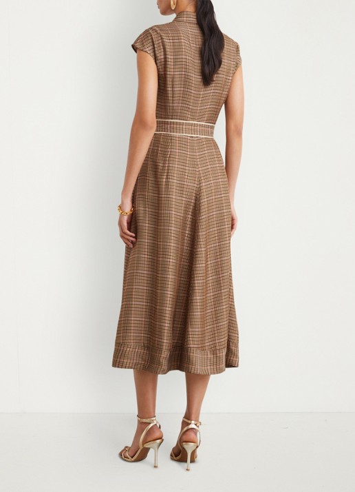 Reiss Sammie midi jurk met ceintuur en ruitdessin  - achterkant 5 lichtbruin