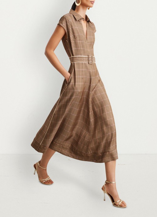 Reiss Sammie midi jurk met ceintuur en ruitdessin  - detail 3 lichtbruin