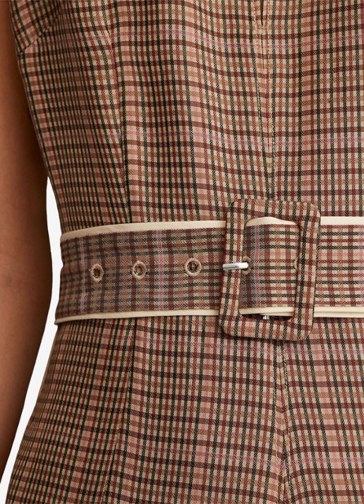 Reiss Sammie midi jurk met ceintuur en ruitdessin  - detail 4 lichtbruin
