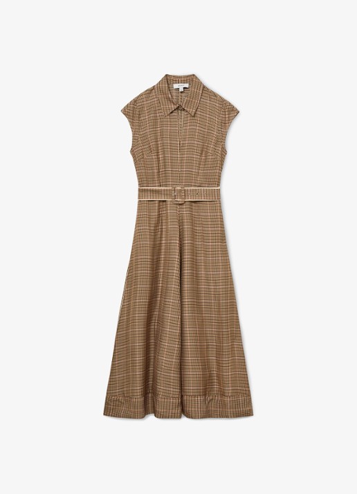 Reiss Sammie midi jurk met ceintuur en ruitdessin  - voorkant 6 lichtbruin