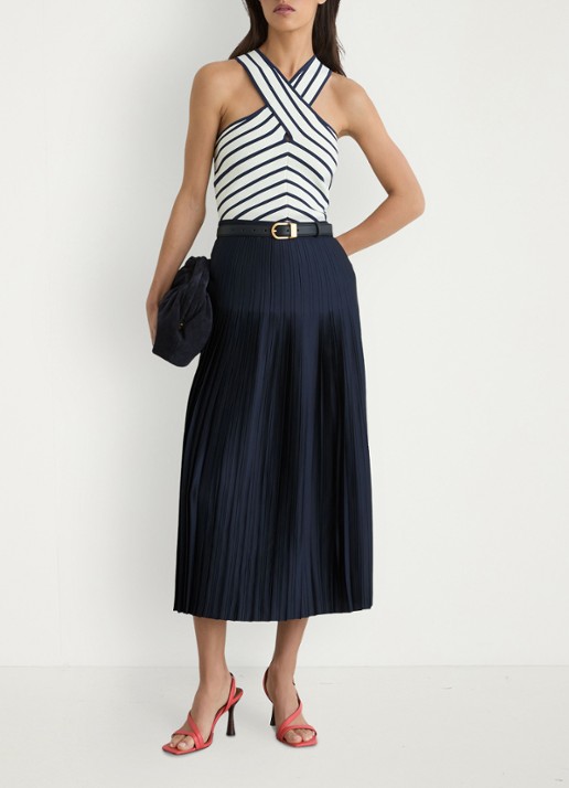 Reiss Savannah midi plooirok met split - voorkant 2 donkerblauw
