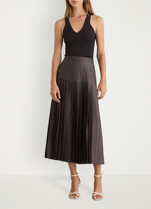 Reiss Savannah midi plooirok met split - voorkant 3 donkerbeige