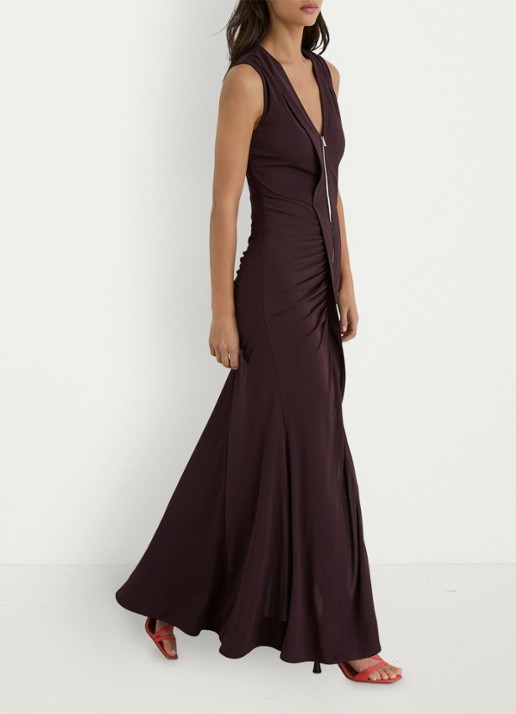 Reiss Scarlett maxi jurk van crêpe met ruches - detail 4 chocoladebruin