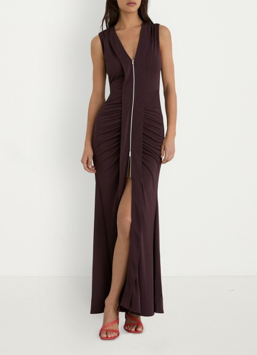 Reiss Scarlett maxi jurk van crêpe met ruches - voorkant 3 chocoladebruin