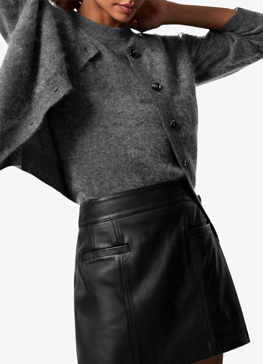 Reiss Seema high waist minirok van schapenleer  - voorkant 3 black / zwart