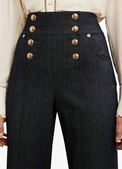 Reiss Skylar high waist flared jeans met knoop details - detail 5 denim