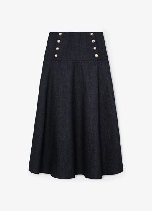 Reiss Skylar midi rok van denim met sierknopen - voorkant 2 dark blue / blauw