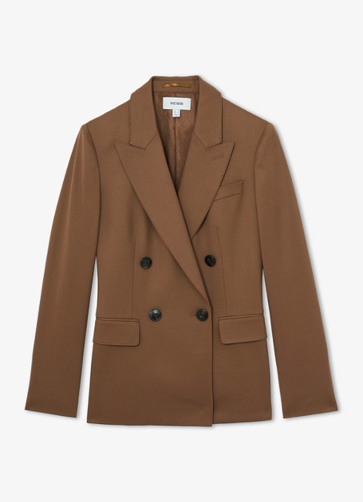 Reiss SOLENE Wool-Blend Double-Breasted Suit Blazer - voorkant hazelnootbruin