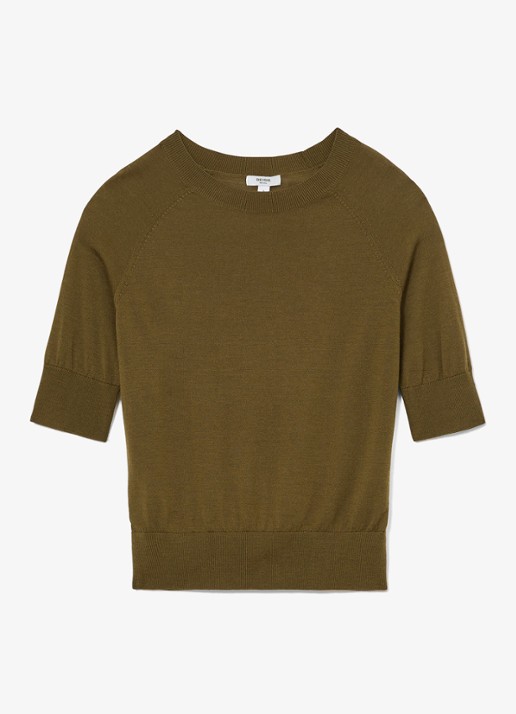 Reiss Suzzie fijngebreid T-Shirt in merino wolblend - voorkant 2 khaki