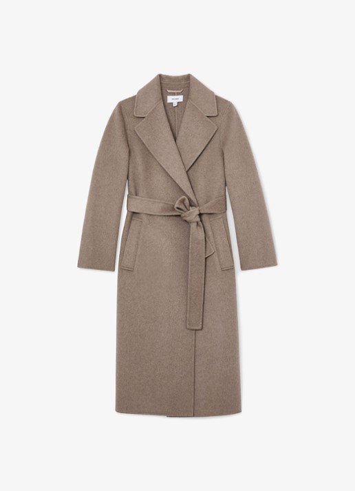 Reiss Thea mantel met strikceintuur - voorkant 6 donkerbeige