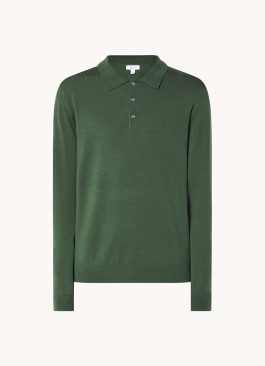 Reiss Trafford fijngebreide regular fit polo van wol - voorkant 2 legergroen