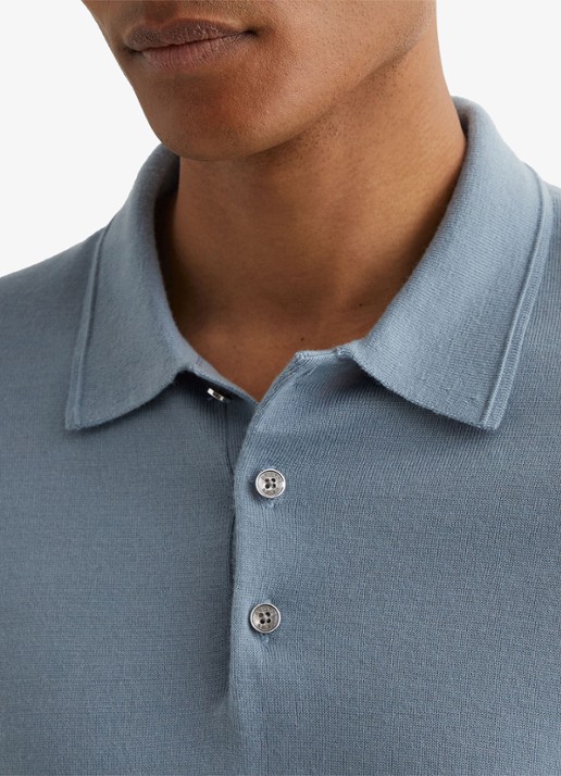 Reiss TRAFFORD Merino Wool Long-Sleeve Polo Shirt - detail 4 lichtblauw