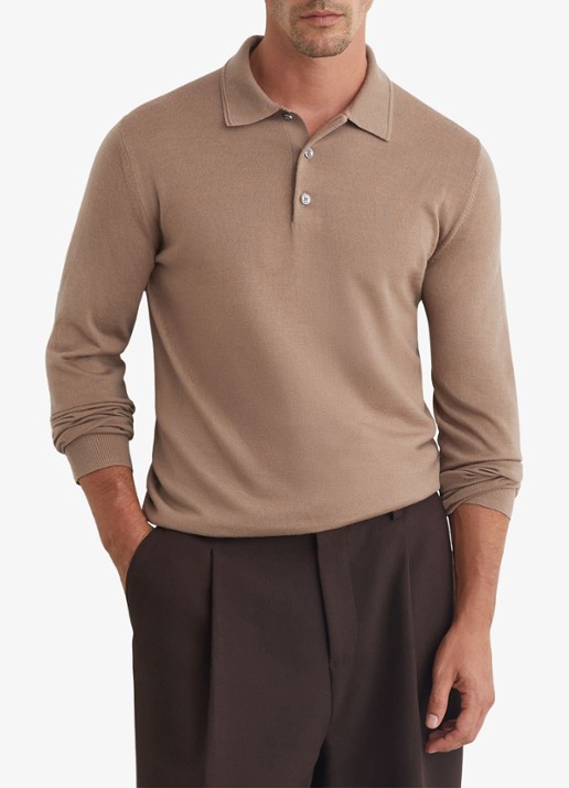Reiss Trafford regular fit polo van merino wol - detail camel