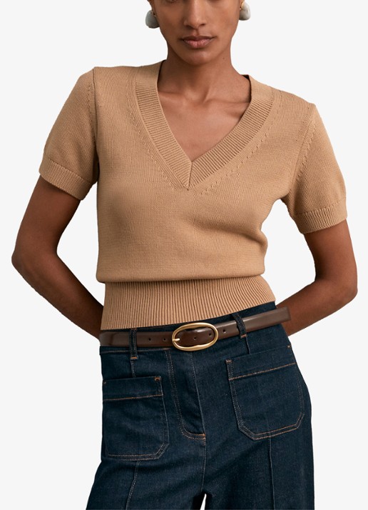 Reiss Valerie fijngebreide trui met V-hals - detail 3 camel