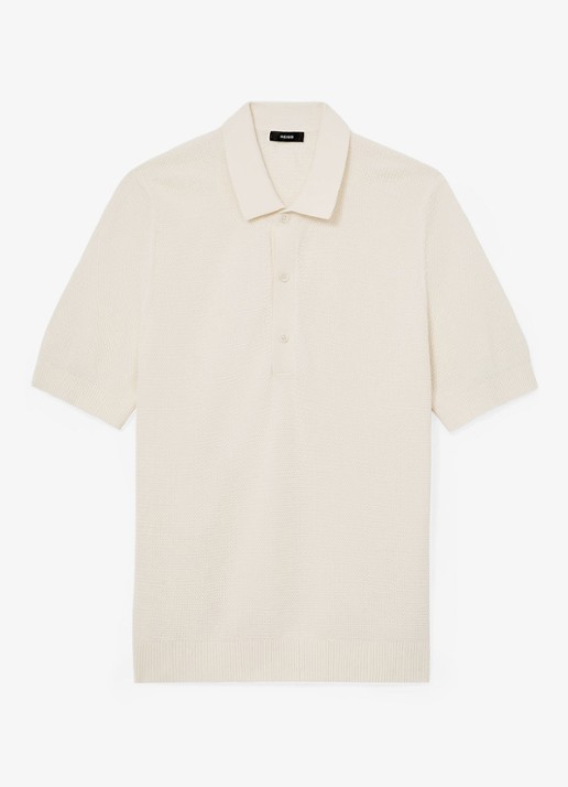 Reiss WARREN Cotton-Blend Basket-Stitch Polo Shirt - voorkant gebroken wit