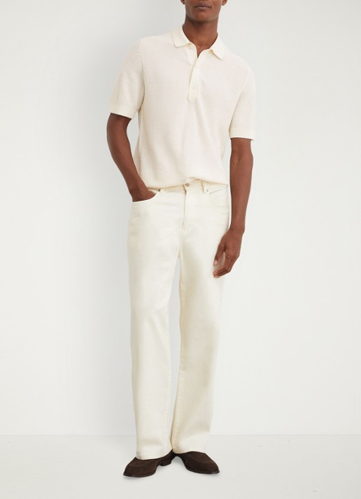 Reiss WARREN Cotton-Blend Basket-Stitch Polo Shirt - voorkant 2 gebroken wit
