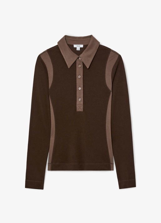 Reiss Wendy color block polo in wolblend - voorkant 5 chocoladebruin