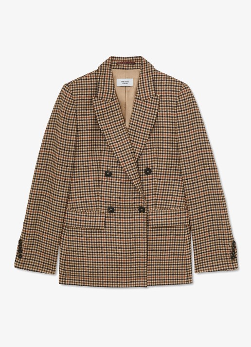 Reiss Willow double-breasted blazer van wol met pied-de-poule dessin - voorkant 6 lichtbruin
