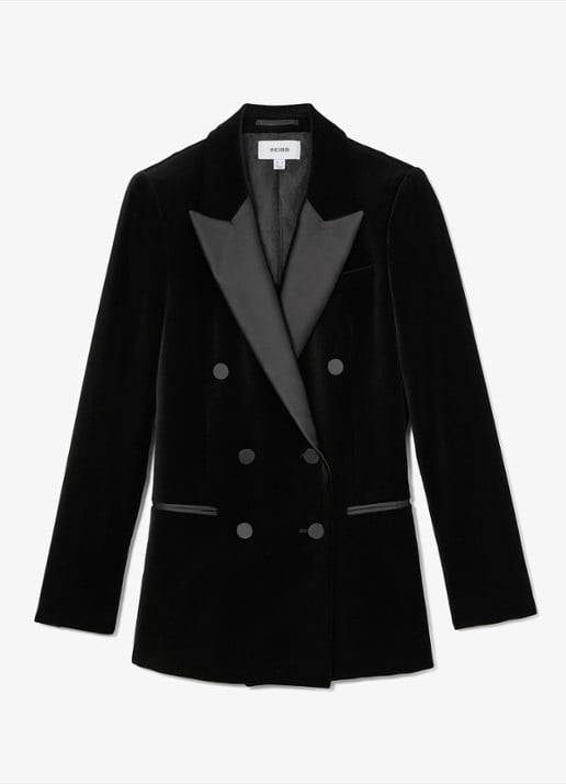 Reiss Wren double-breasted blazer van fluweel met paspelzakken - voorkant 6 black / zwart