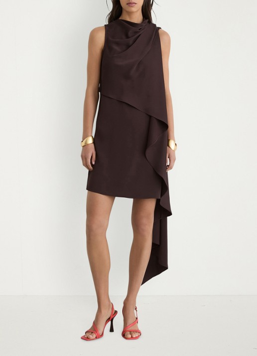 Reiss Wrenley mini jurk met gedrapeerd detail - voorkant 2 chocoladebruin