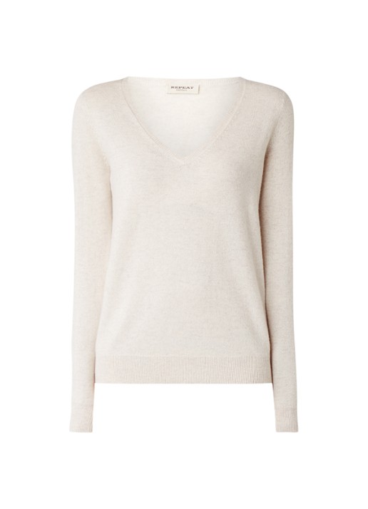 Repeat Fijngebreide pullover van kasjmier met V-hals - voorkant beige