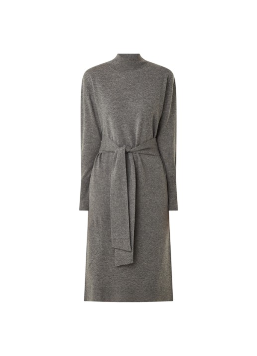 Repeat Midi trui-jurk in kasjmierblend met strikceintuur - voorkant middengrijs