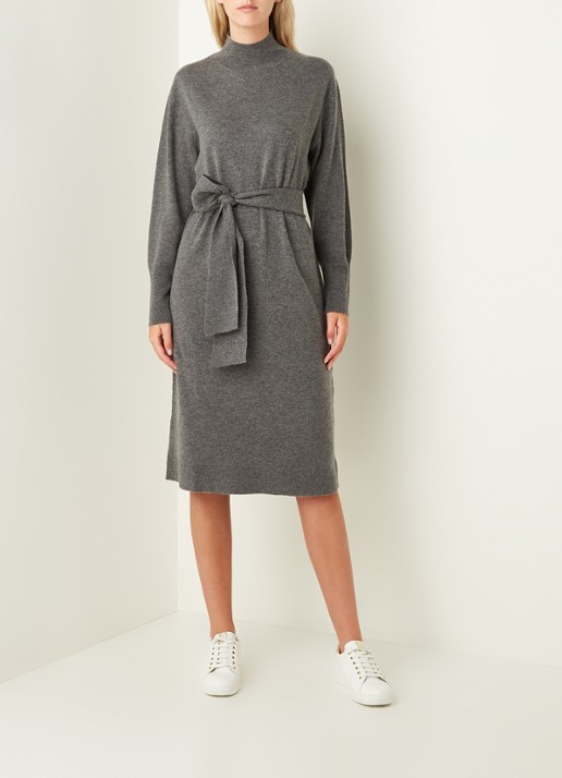 Repeat Midi trui-jurk in kasjmierblend met strikceintuur - voorkant 2 middengrijs