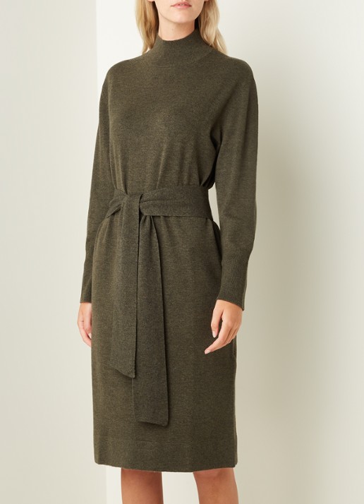 Repeat Midi trui-jurk in kasjmierblend met strikceintuur - detail 3 donkerkhaki