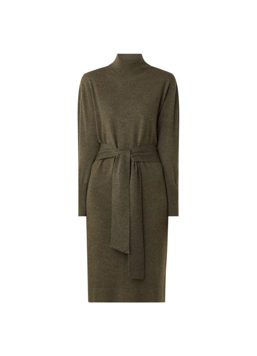 Repeat Midi trui-jurk in kasjmierblend met strikceintuur - voorkant donkerkhaki