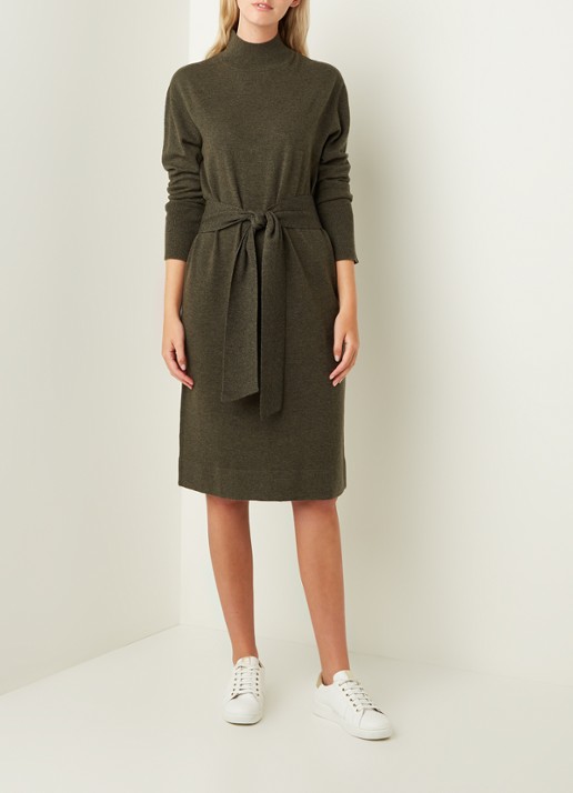 Repeat Midi trui-jurk in kasjmierblend met strikceintuur - voorkant 2 donkerkhaki
