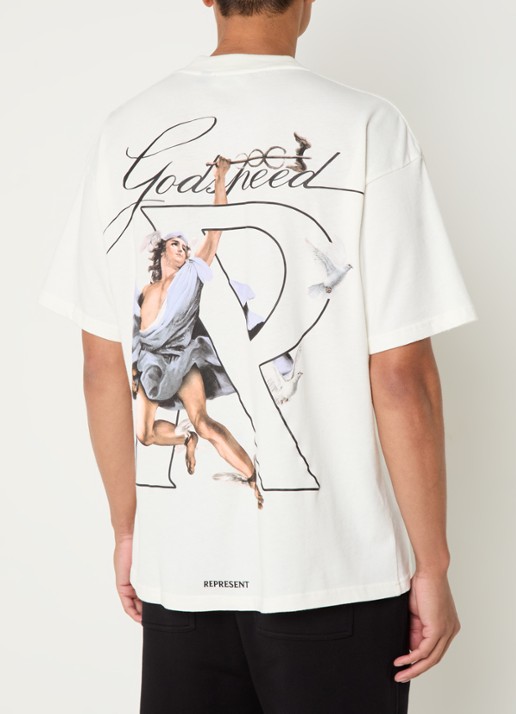 Represent Hermes T-shirt met logo- en backprint - achterkant gebroken wit
