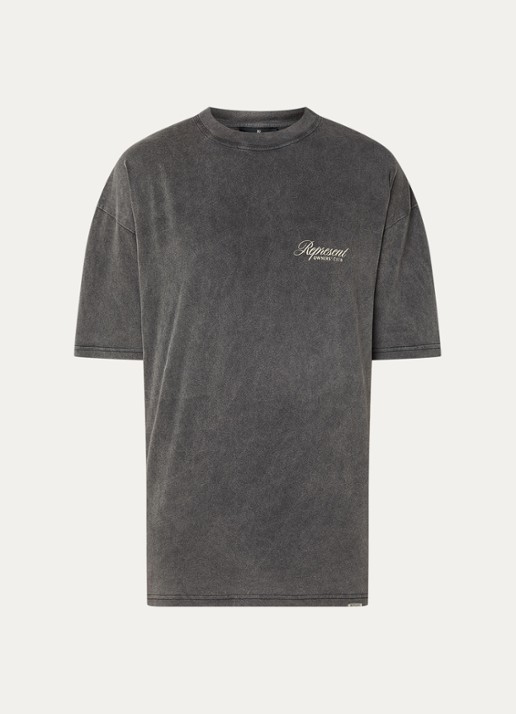 Represent Owners Club Script T-shirt met logo- en backprint - voorkant 2 donkergrijs