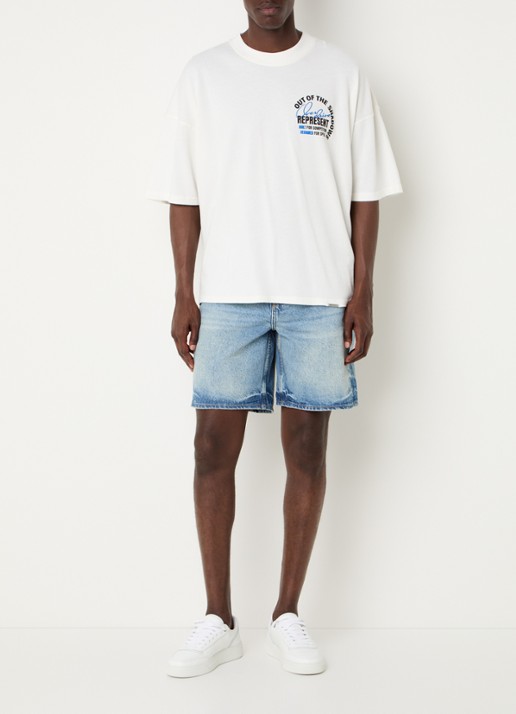 Represent Straight fit korte broek van denim met lichte wassing - voorkant 3 indigo
