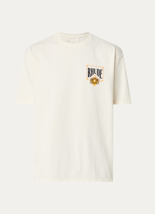 Rhude Playing Card T-shirt met logo- en backprint - voorkant creme