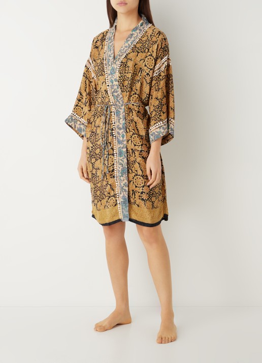 Rituals Jaypur Saree kimono van satijn met print - voorkant 3 zwart