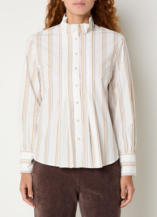 River Woods Blouse met streepprint en opstaande kraag - detail ivoor