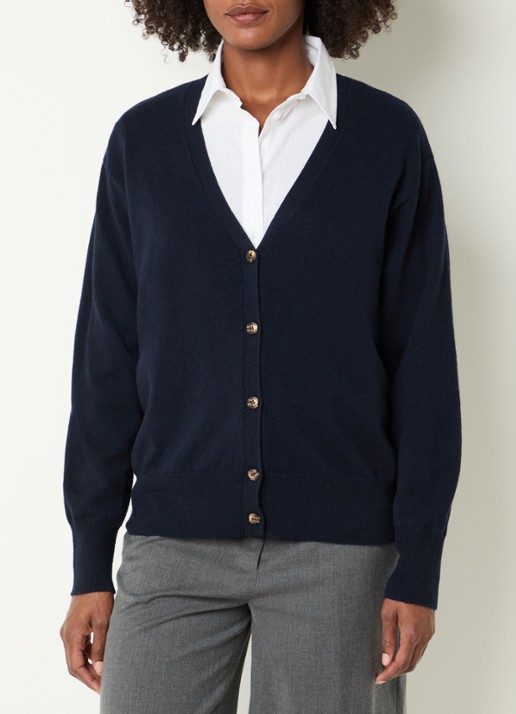 River Woods Fijngebreid vest van merino wol met V-hals - detail 4 donkerblauw
